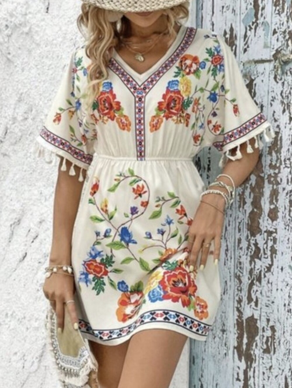 Floral Print Tassel Trim Batwing Sleeve Mini Sz 4